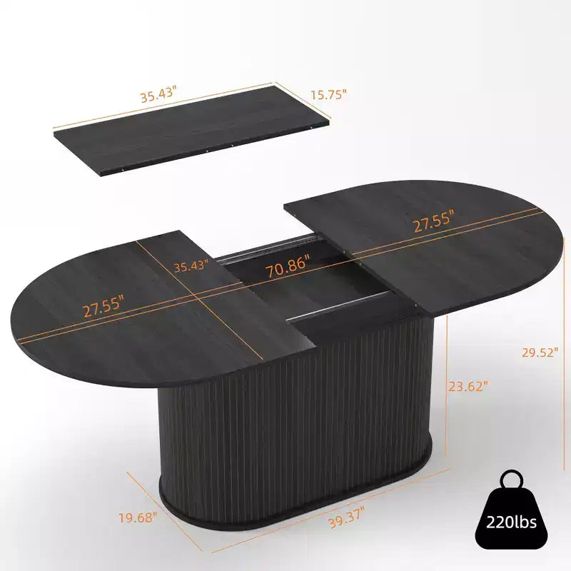 Table à manger ovale extensible noire / naturelle / noyer, piètement central, jusqu'à 6 places