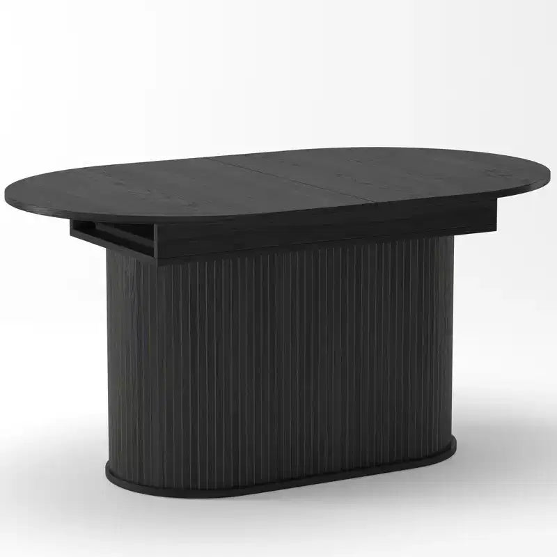 Table à manger ovale extensible noire / naturelle / noyer, piètement central, jusqu'à 6 places