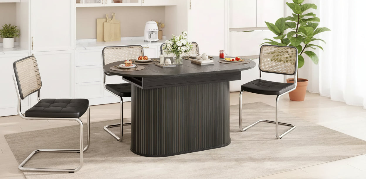 Table à manger ovale extensible noire / naturelle / noyer, piètement central, jusqu'à 6 places