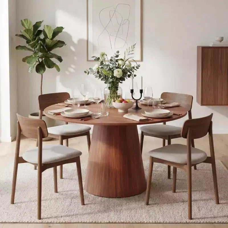 Table à manger ronde 43 po, Chêne/Noyer, Piètement central, 4 à 6 places