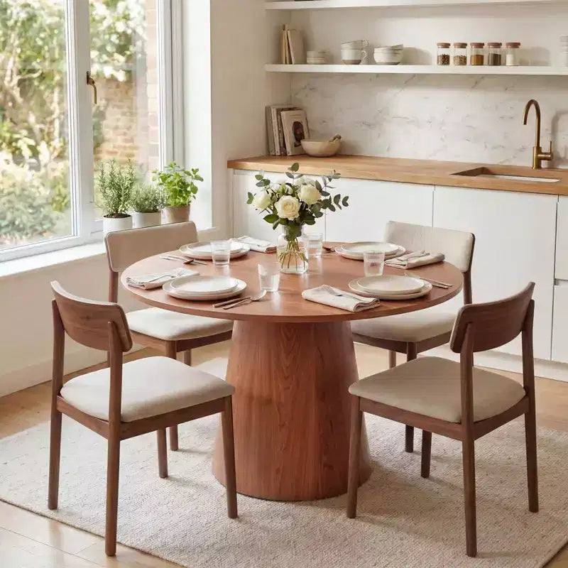 Table à manger ronde 43 po, Chêne/Noyer, Piètement central, 4 à 6 places