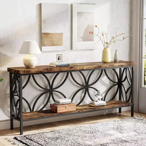 Console étroite noire et marron avec étagère de rangement, assemblage par 1 personne
