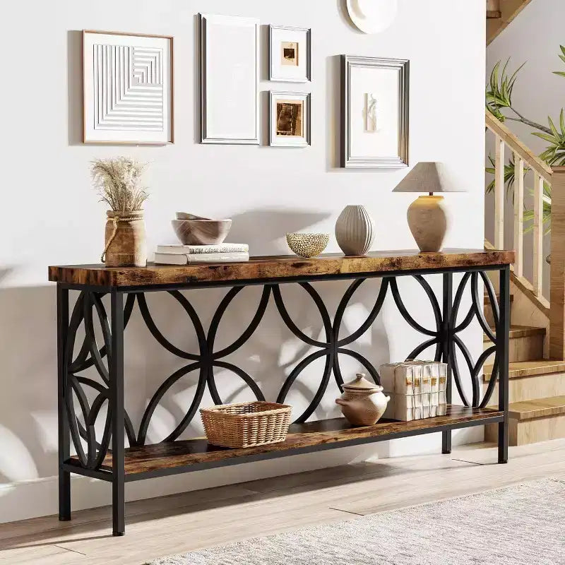 Console étroite noire et marron avec étagère de rangement, assemblage par 1 personne