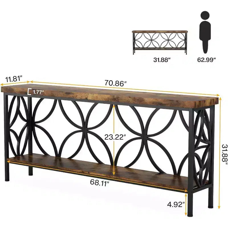 Console étroite noire et marron avec étagère de rangement, assemblage par 1 personne