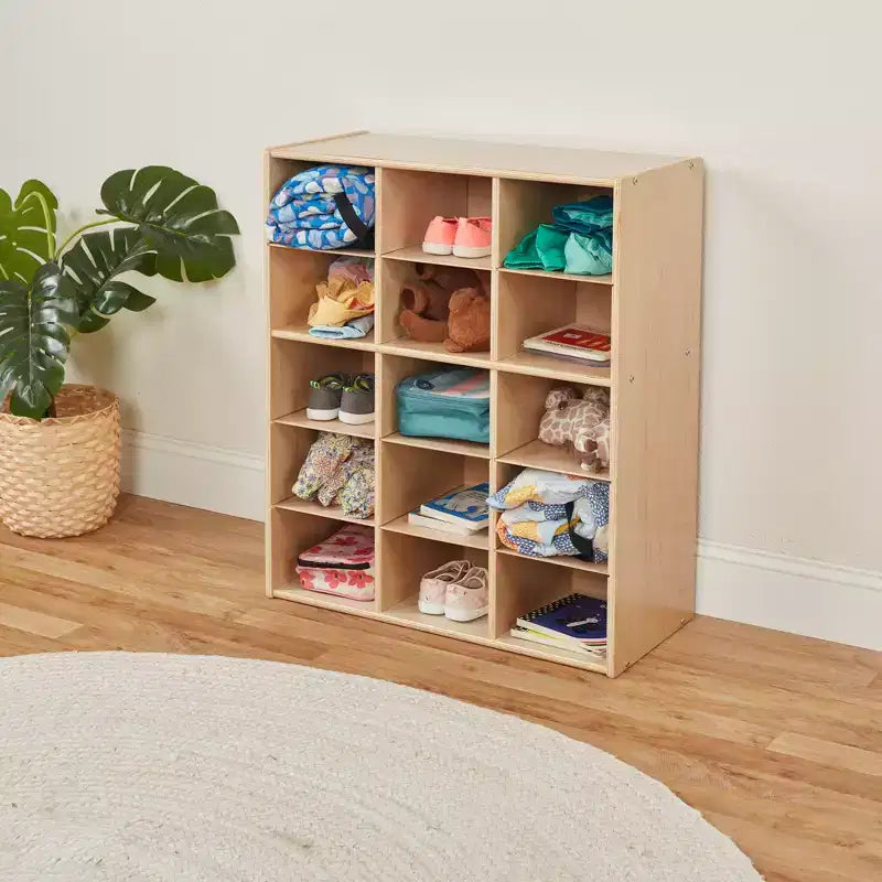 Meuble de rangement pour enfants à 15 casiers, 5x3, finition lavis gris / naturel / lavis blanc