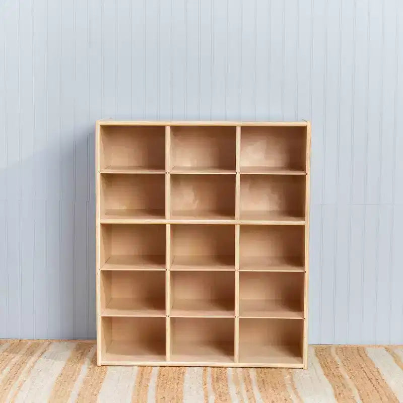 Meuble de rangement pour enfants à 15 casiers, 5x3, finition lavis gris / naturel / lavis blanc