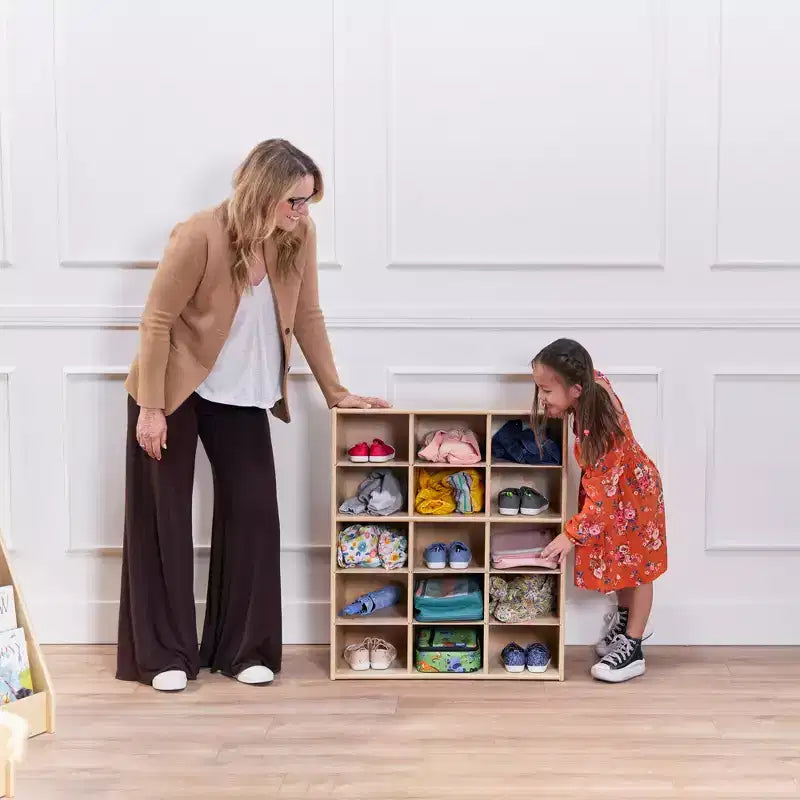 Meuble de rangement pour enfants à 15 casiers, 5x3, finition lavis gris / naturel / lavis blanc