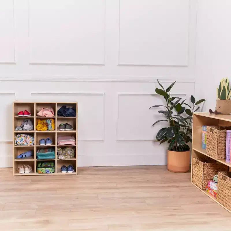 Meuble de rangement pour enfants à 15 casiers, 5x3, finition lavis gris / naturel / lavis blanc