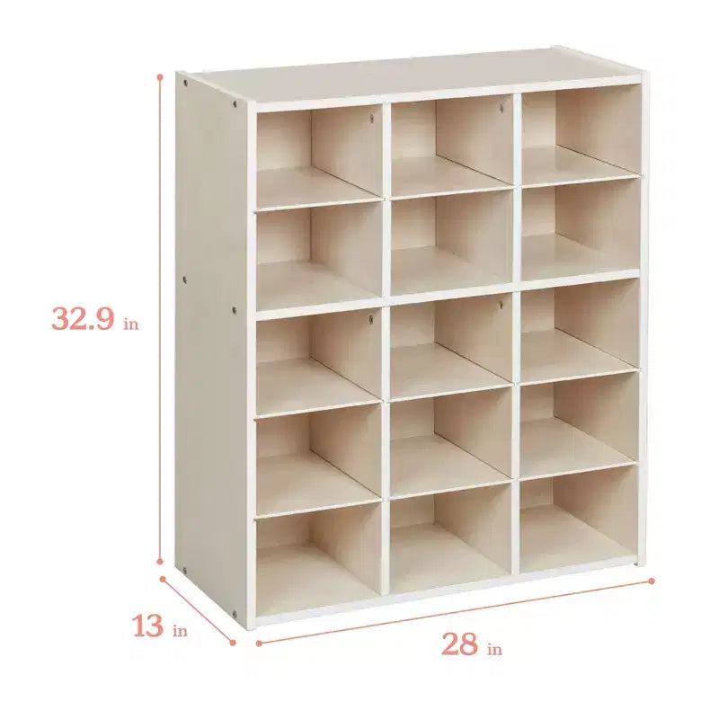 Meuble de rangement pour enfants à 15 casiers, 5x3, finition lavis gris / naturel / lavis blanc