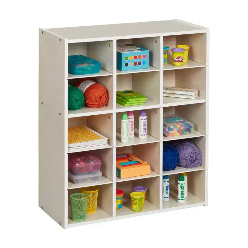 Meuble de rangement pour enfants à 15 casiers, 5x3, finition lavis gris / naturel / lavis blanc