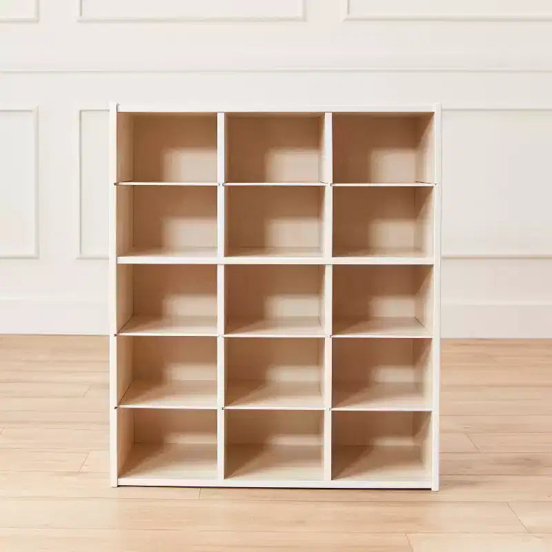 Meuble de rangement pour enfants à 15 casiers, 5x3, finition lavis gris / naturel / lavis blanc