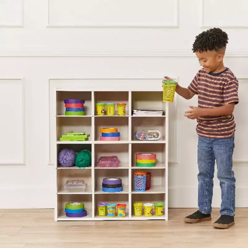 Meuble de rangement pour enfants à 15 casiers, 5x3, finition lavis gris / naturel / lavis blanc