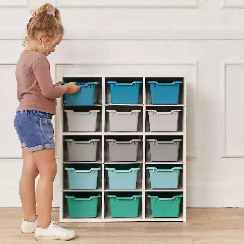 Meuble de rangement pour enfants à 15 casiers, 5x3, finition lavis gris / naturel / lavis blanc