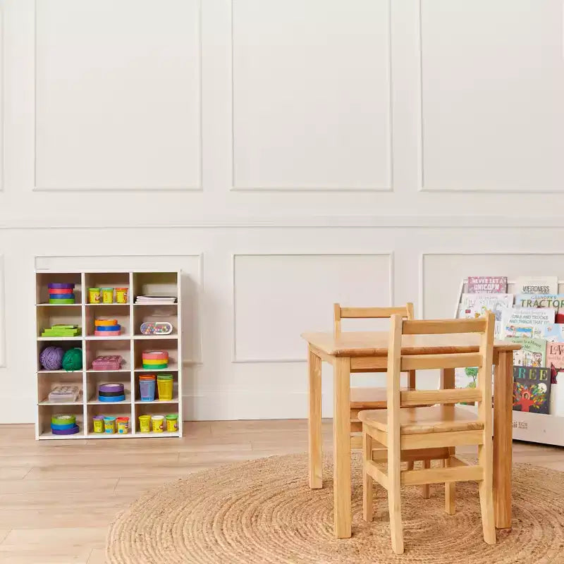 Meuble de rangement pour enfants à 15 casiers, 5x3, finition lavis gris / naturel / lavis blanc