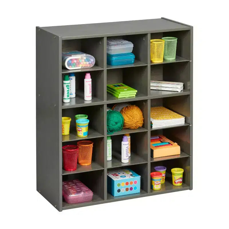 Meuble de rangement pour enfants à 15 casiers, 5x3, finition lavis gris / naturel / lavis blanc