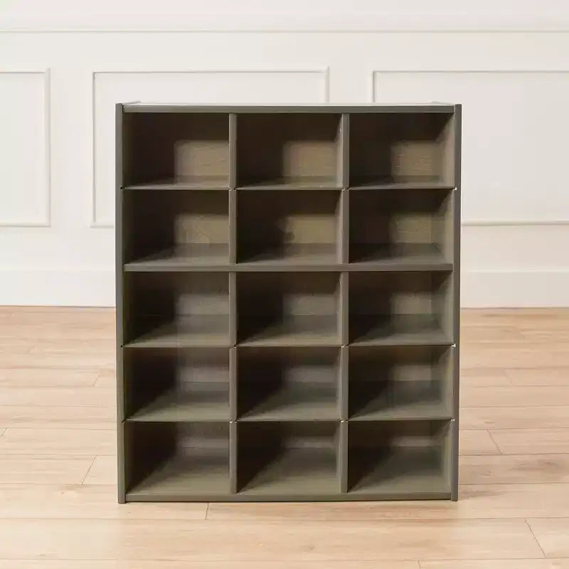 Meuble de rangement pour enfants à 15 casiers, 5x3, finition lavis gris / naturel / lavis blanc