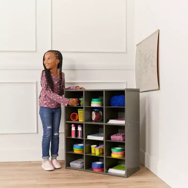 Meuble de rangement pour enfants à 15 casiers, 5x3, finition lavis gris / naturel / lavis blanc