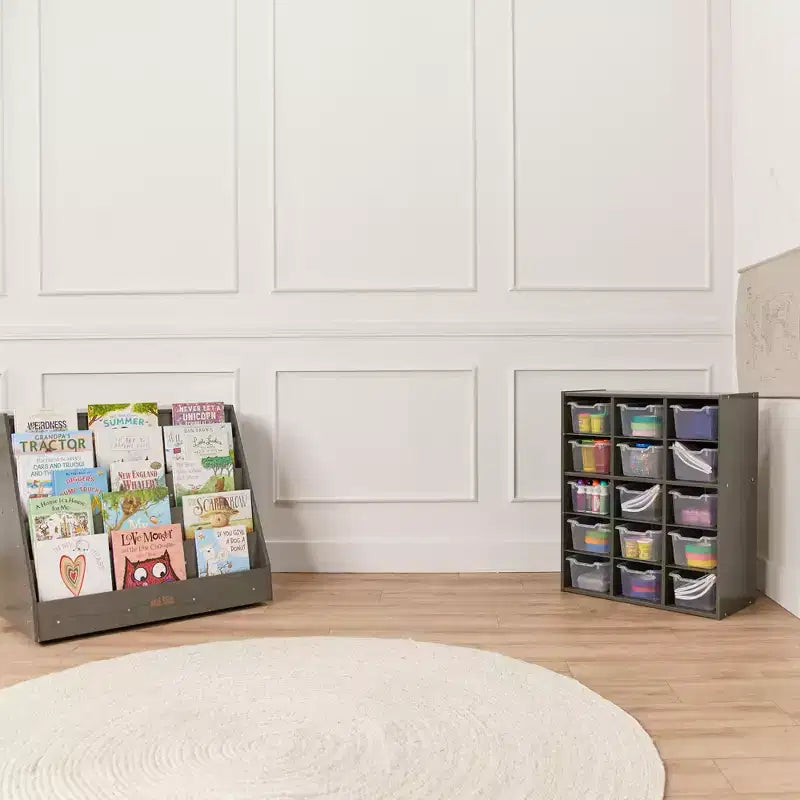 Meuble de rangement pour enfants à 15 casiers, 5x3, finition lavis gris / naturel / lavis blanc