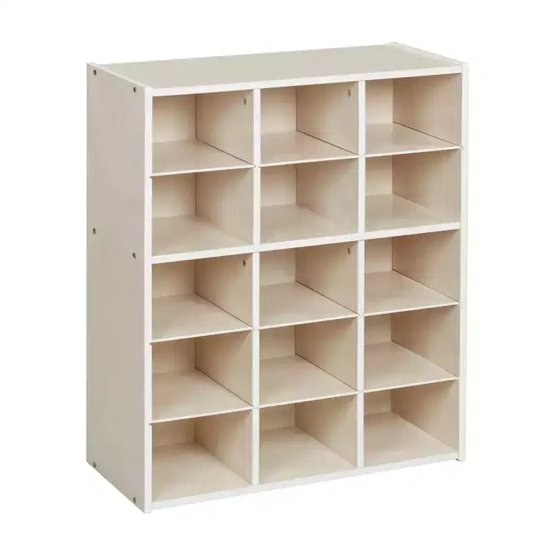 Meuble de rangement pour enfants à 15 casiers, 5x3, finition lavis gris / naturel / lavis blanc