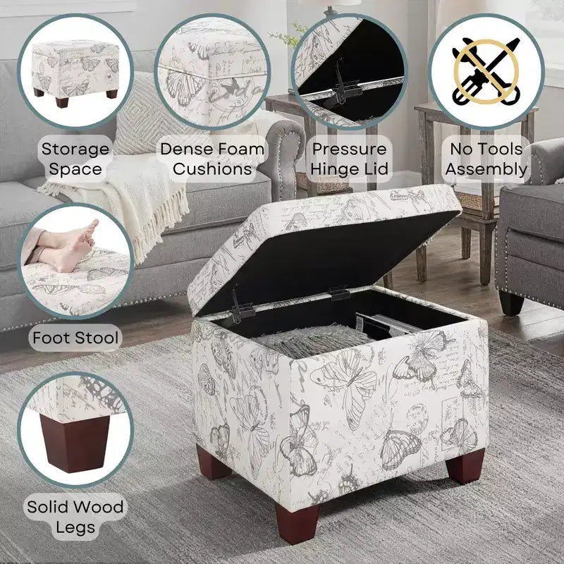 Pouf de rangement avec siège rembourré, plusieurs coloris et tissus, 1 place