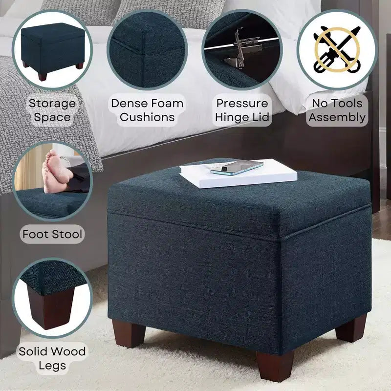 Pouf de rangement avec siège rembourré, plusieurs coloris et tissus, 1 place