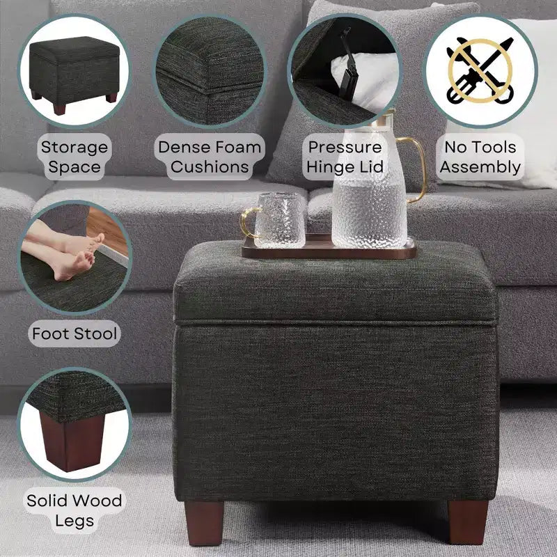 Pouf de rangement avec siège rembourré, plusieurs coloris et tissus, 1 place