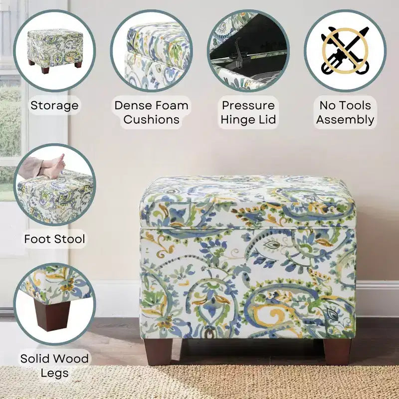 Pouf de rangement avec siège rembourré, plusieurs coloris et tissus, 1 place