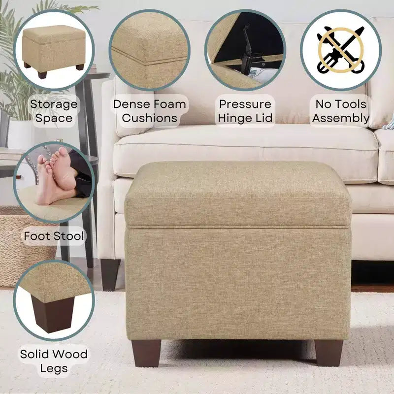 Pouf de rangement avec siège rembourré, plusieurs coloris et tissus, 1 place