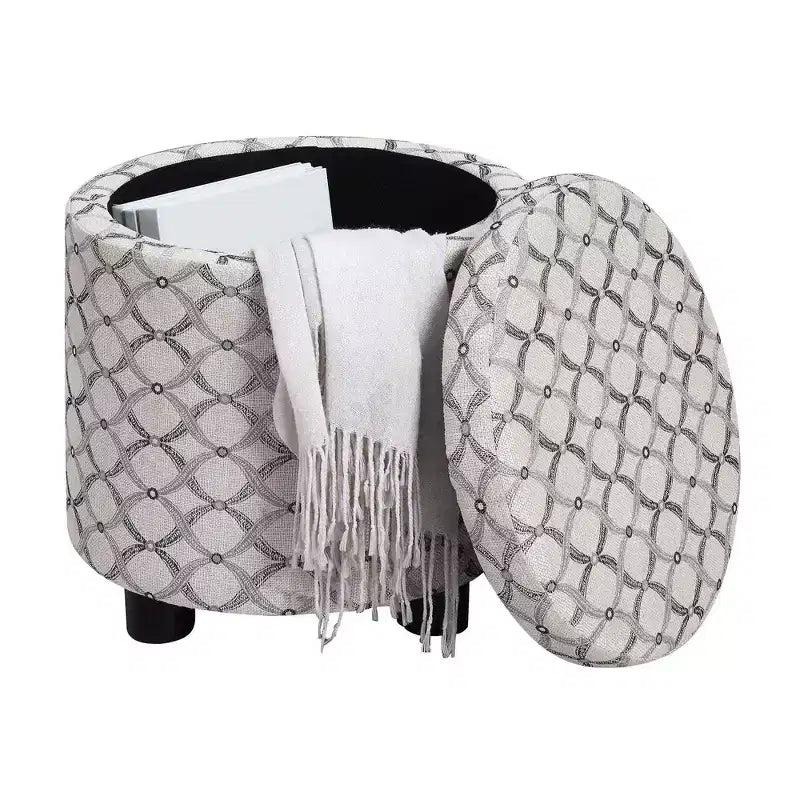Pouf de rangement rond avec plateau/couvercle réversible – Gris anthracite foncé / Ruban / Bleu foncé / Fauve, Tissu, 1 personne