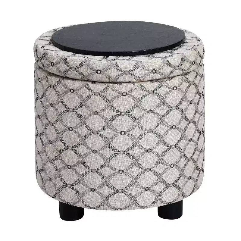 Pouf de rangement rond avec plateau/couvercle réversible – Gris anthracite foncé / Ruban / Bleu foncé / Fauve, Tissu, 1 personne