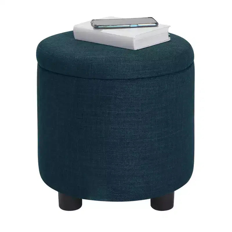Pouf de rangement rond avec plateau/couvercle réversible – Gris anthracite foncé / Ruban / Bleu foncé / Fauve, Tissu, 1 personne