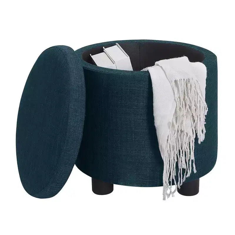 Pouf de rangement rond avec plateau/couvercle réversible – Gris anthracite foncé / Ruban / Bleu foncé / Fauve, Tissu, 1 personne
