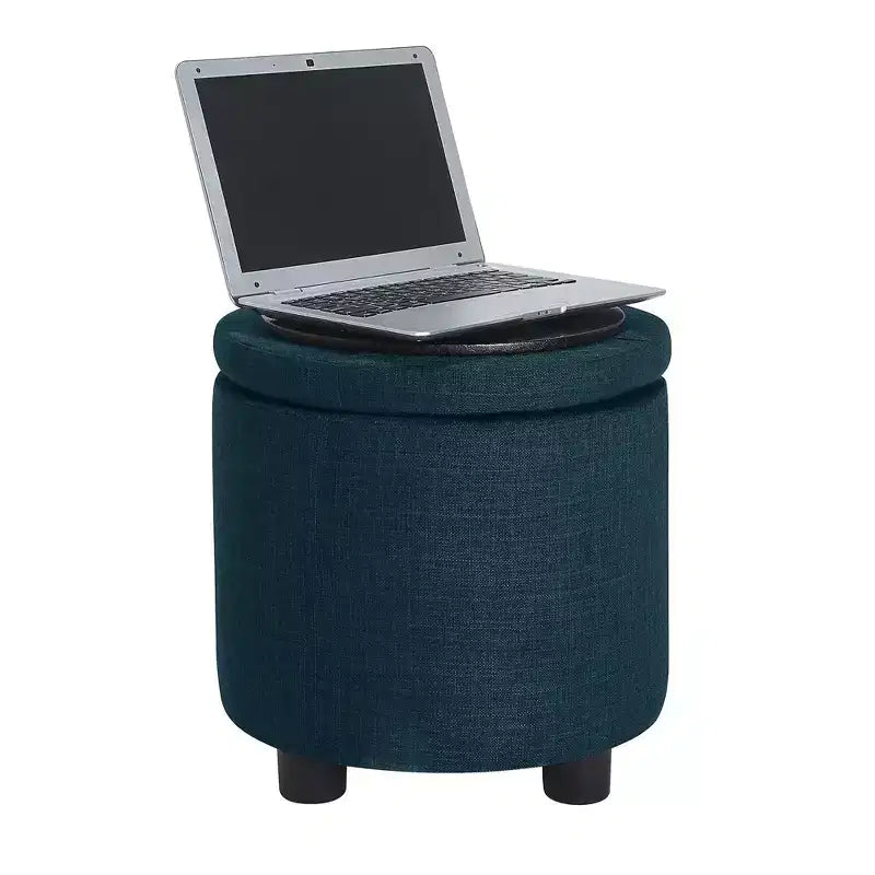 Pouf de rangement rond avec plateau/couvercle réversible – Gris anthracite foncé / Ruban / Bleu foncé / Fauve, Tissu, 1 personne