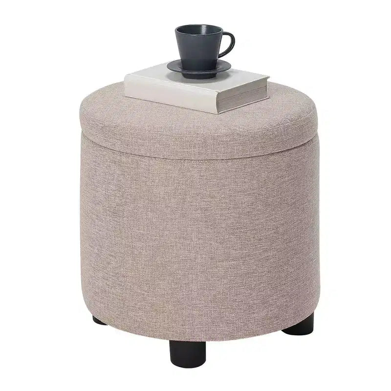 Pouf de rangement rond avec plateau/couvercle réversible – Gris anthracite foncé / Ruban / Bleu foncé / Fauve, Tissu, 1 personne