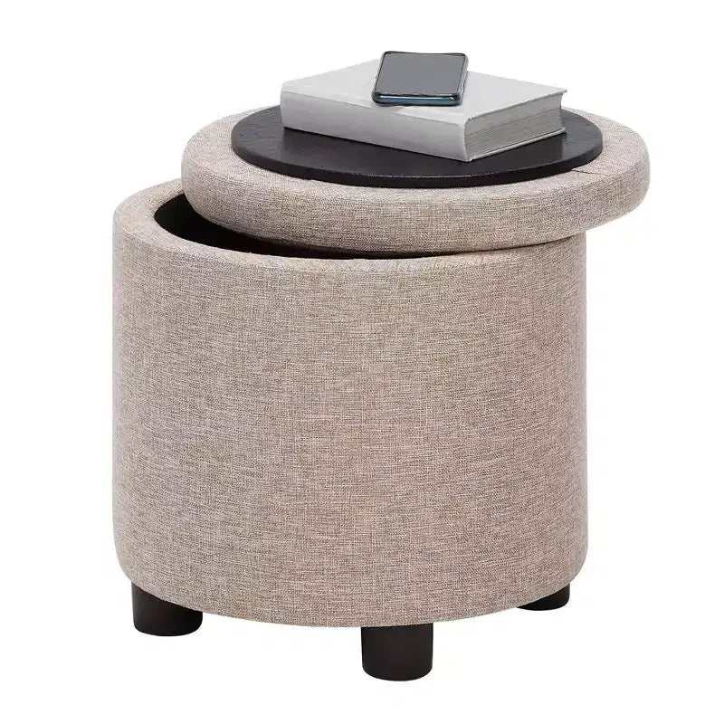 Pouf de rangement rond avec plateau/couvercle réversible – Gris anthracite foncé / Ruban / Bleu foncé / Fauve, Tissu, 1 personne