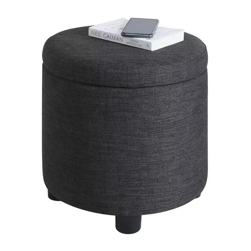 Pouf de rangement rond avec plateau/couvercle réversible – Gris anthracite foncé / Ruban / Bleu foncé / Fauve, Tissu, 1 personne