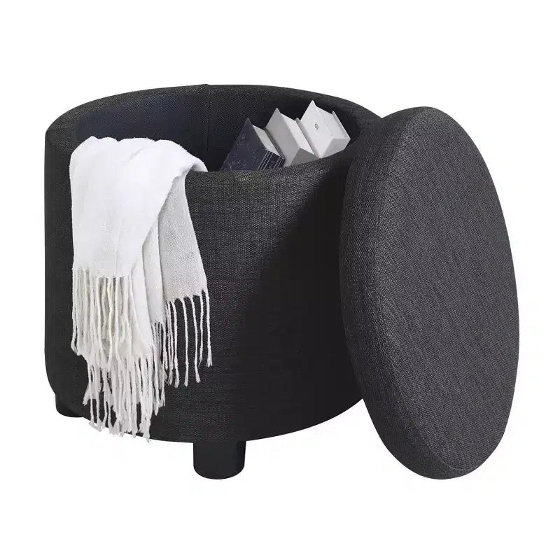Pouf de rangement rond avec plateau/couvercle réversible – Gris anthracite foncé / Ruban / Bleu foncé / Fauve, Tissu, 1 personne