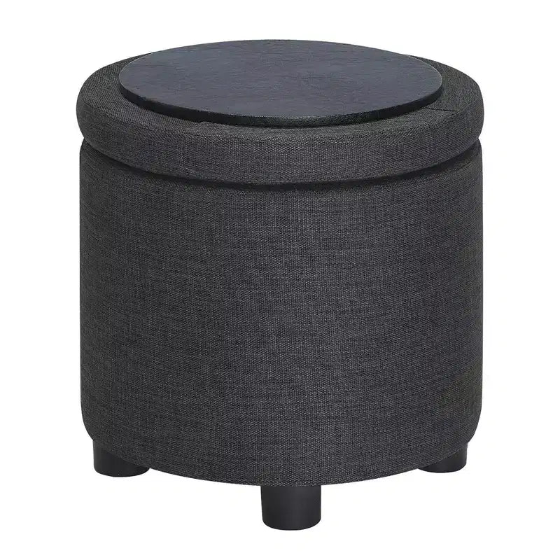 Pouf de rangement rond avec plateau/couvercle réversible – Gris anthracite foncé / Ruban / Bleu foncé / Fauve, Tissu, 1 personne