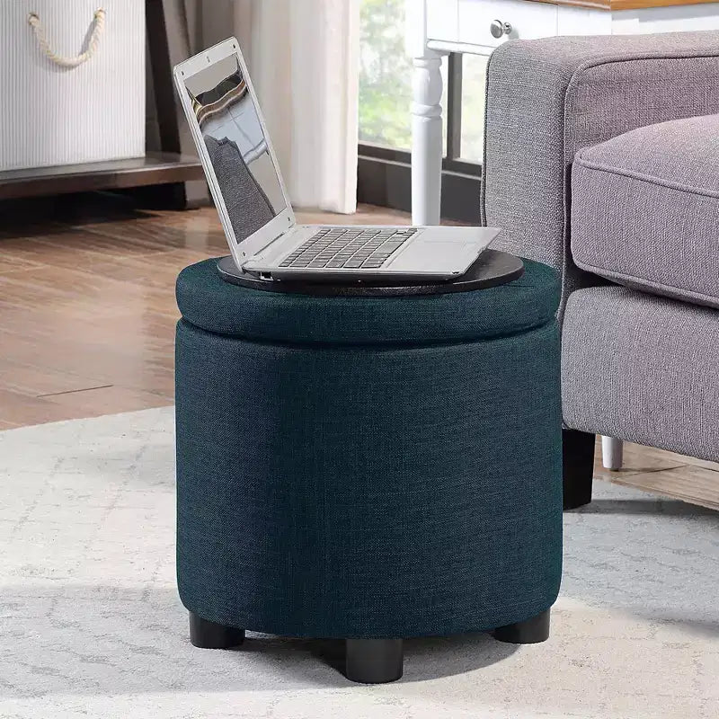 Pouf de rangement rond avec plateau/couvercle réversible – Gris anthracite foncé / Ruban / Bleu foncé / Fauve, Tissu, 1 personne