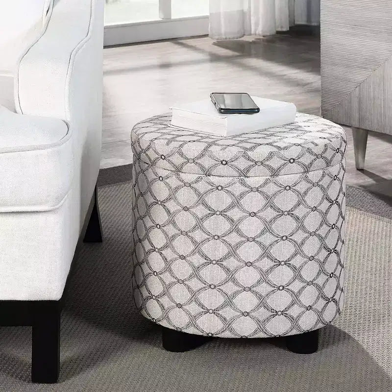 Pouf de rangement rond avec plateau/couvercle réversible – Gris anthracite foncé / Ruban / Bleu foncé / Fauve, Tissu, 1 personne