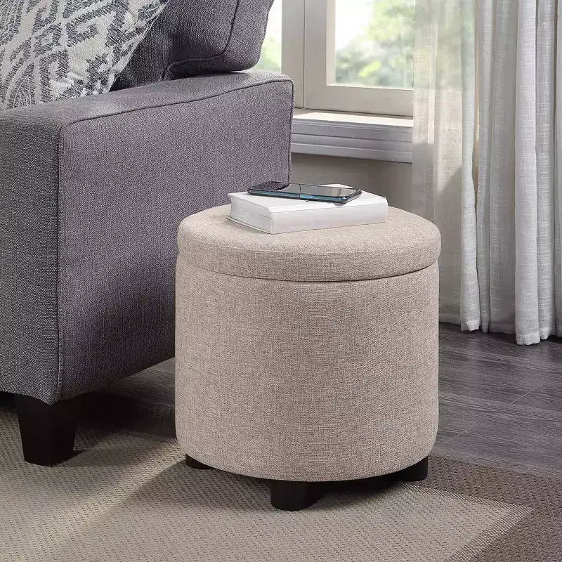 Pouf de rangement rond avec plateau/couvercle réversible – Gris anthracite foncé / Ruban / Bleu foncé / Fauve, Tissu, 1 personne