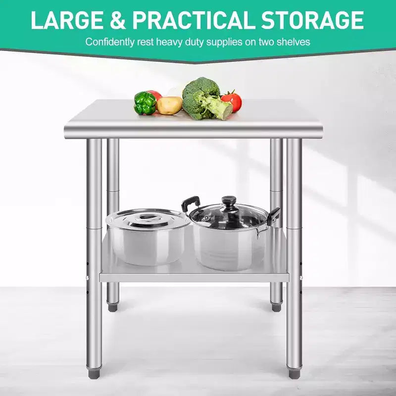 Table de préparation de cuisine en acier inoxydable argenté à étagère unique, 30"x24"