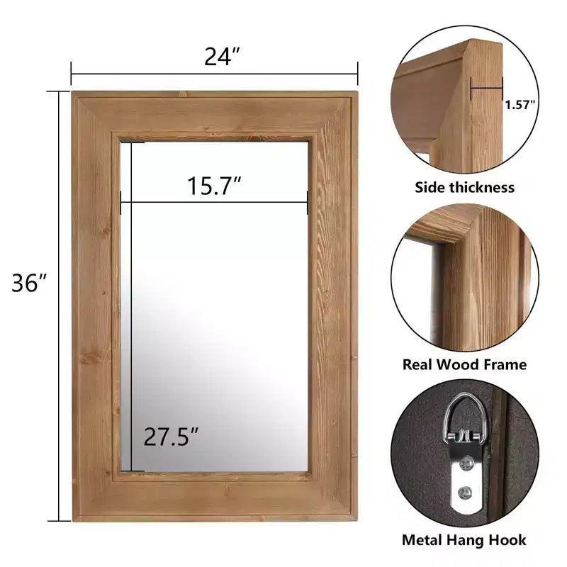 Miroir mural encadré en bois marron naturel, 24x36, unique