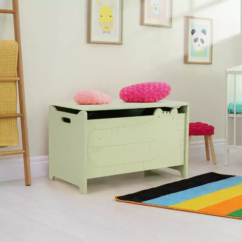 Coffre à jouets enfant vert/blanc à couvercle rabattable – 1 enfant