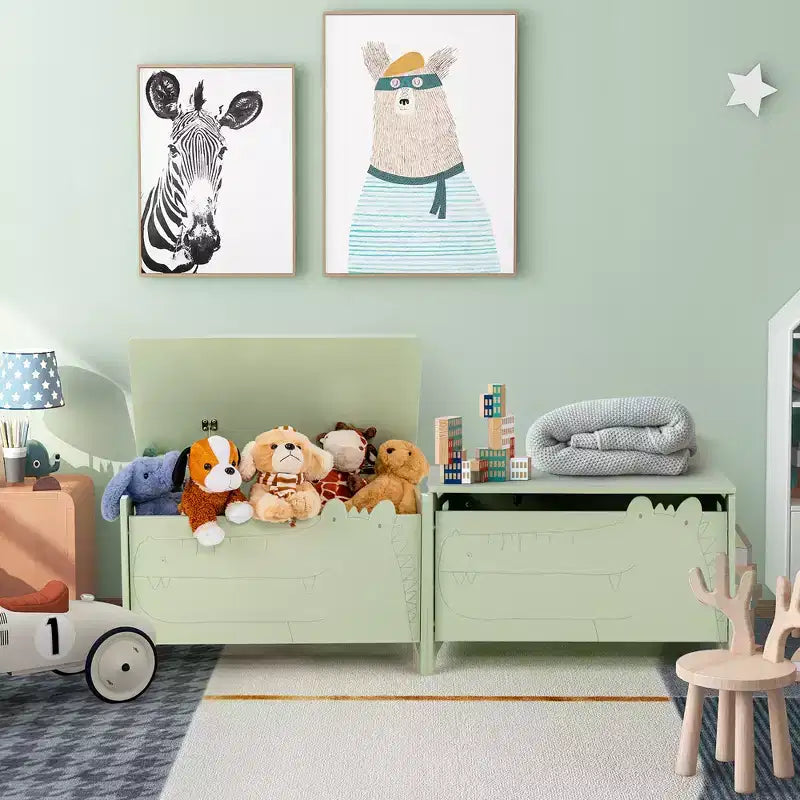 Coffre à jouets enfant vert/blanc à couvercle rabattable – 1 enfant