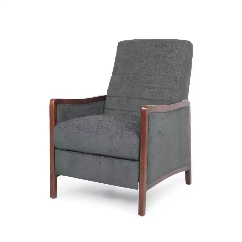 Fauteuil inclinable gris une place avec surpiqûres sur le dossier et les accoudoirs