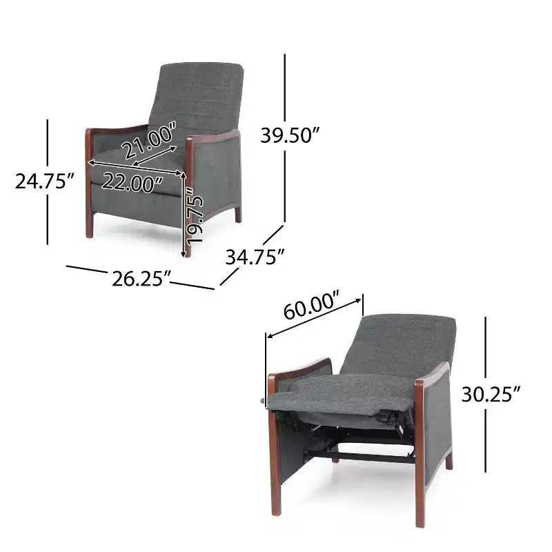 Fauteuil inclinable gris une place avec surpiqûres sur le dossier et les accoudoirs